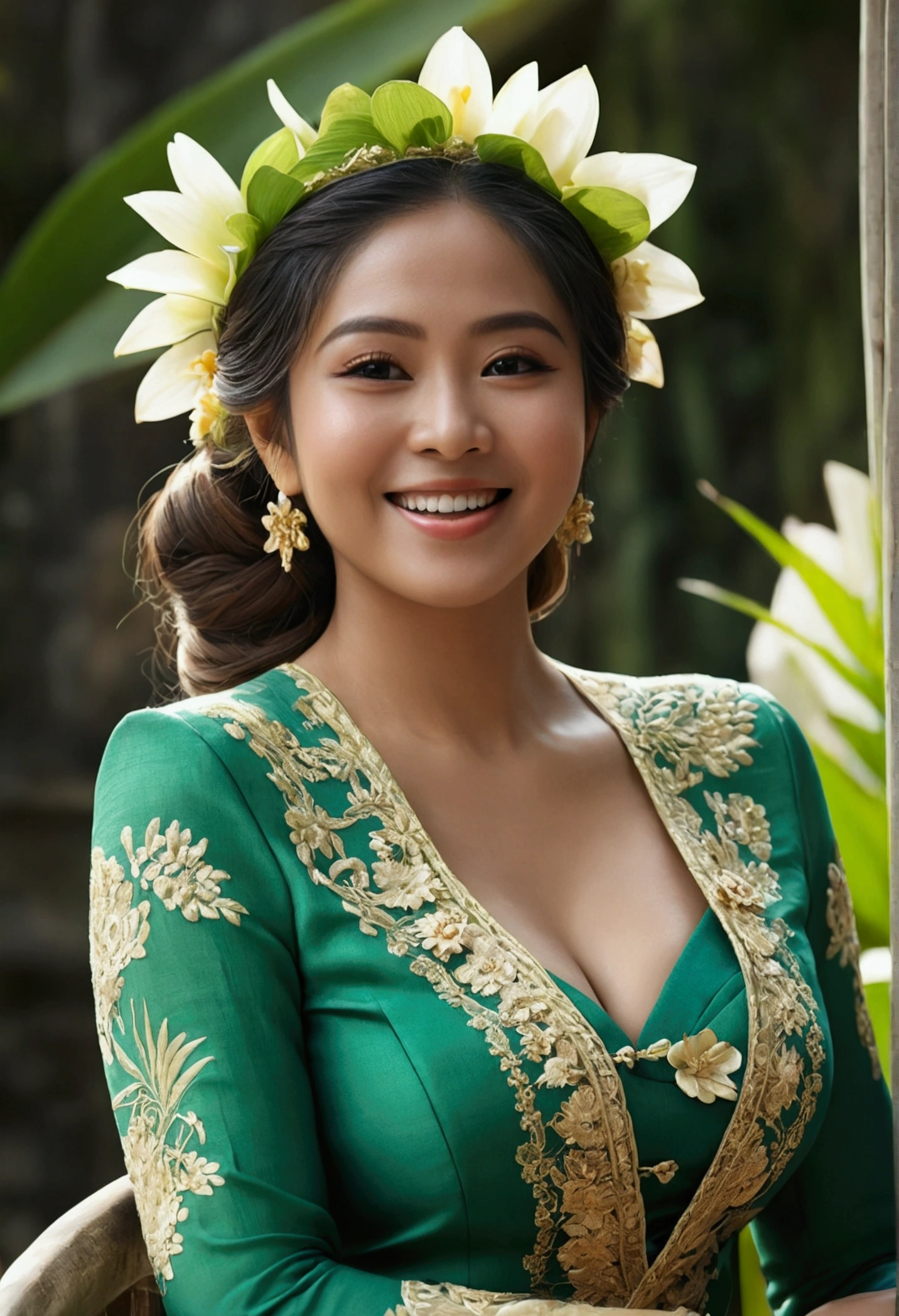 1girl, (green_kebaya_bali), (kebaya_bali), flower, sunlight, sitting, nature, outdoors, detailed face, detailed eyes, huge breasts, shiny skin, looking at the audience, (laughing cute: 1.2), (happy), (8k, RAW photo, best quality, masterpiece: 1.2), (realistic, realistic: 1.37), ultra-high resolution