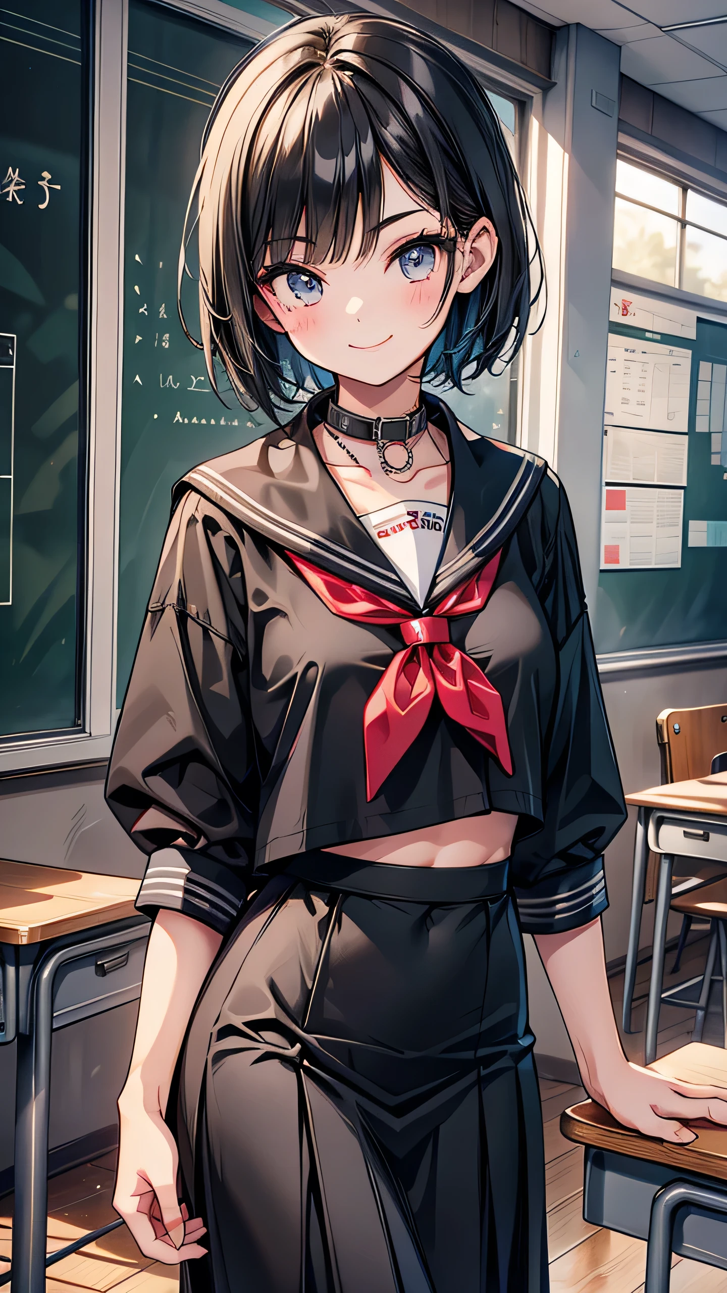 high school student　short hair　tall　Narrow eyes　smile　Glare　frivolous attitude　Country-style black sailor suit　Nagoya collar　Long skirt　stand　Rural classroom