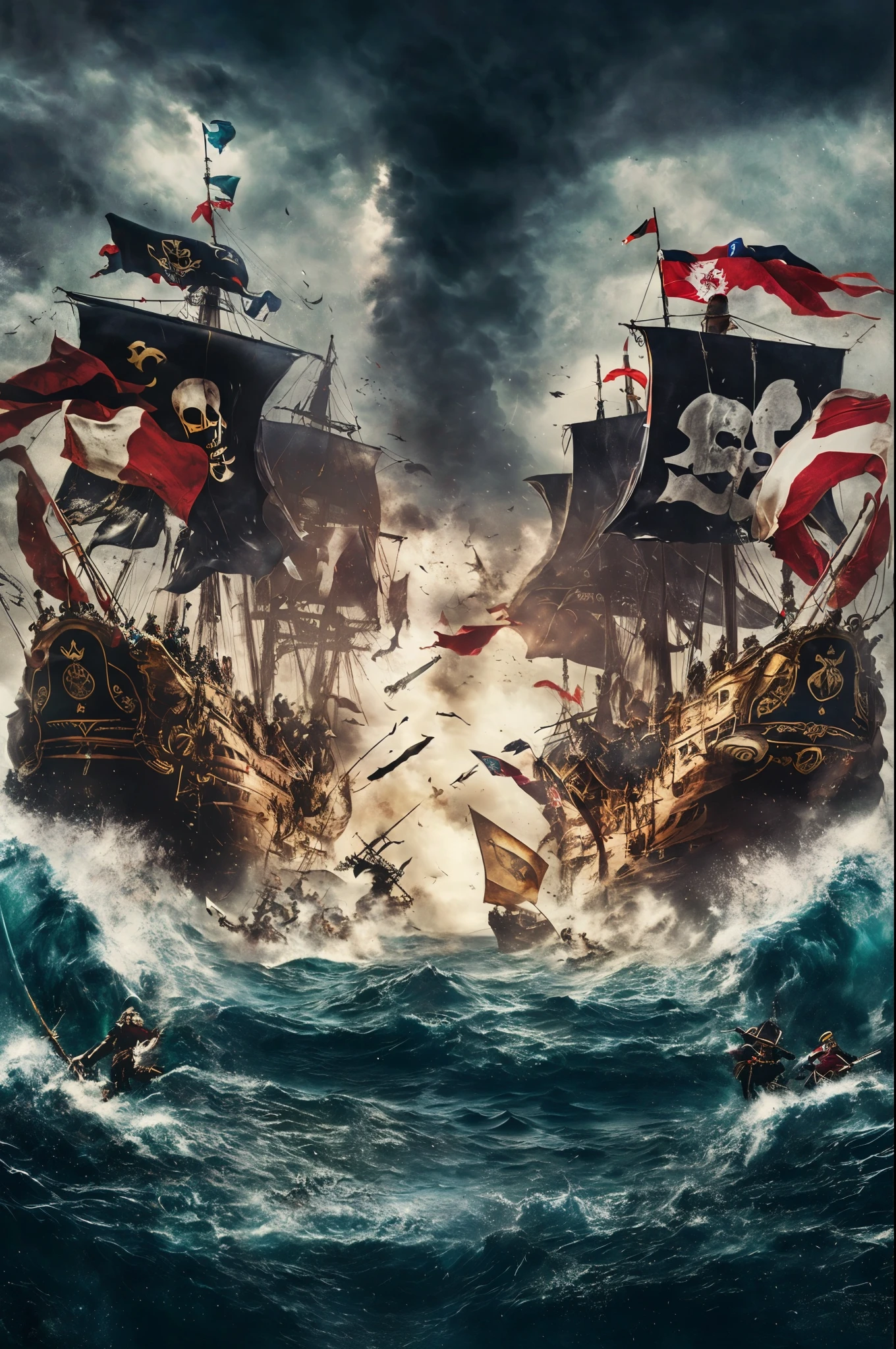 A captivating and dynamic poster featuring a dramatic seascape with two grand pirate ships locked in fierce combat. The ships wave their vibrant and distinctive flags, fluttering in the gusty wind. In the distance, cannonballs erupt, causing massive waves and hurling debris through the air. Agile pirates can be seen swinging across ropes, some brandishing sabers and others firing muskets at their adversaries. The sky looms ominous with dark clouds, threatening rain and chaos on the tempestuous high seas., poster