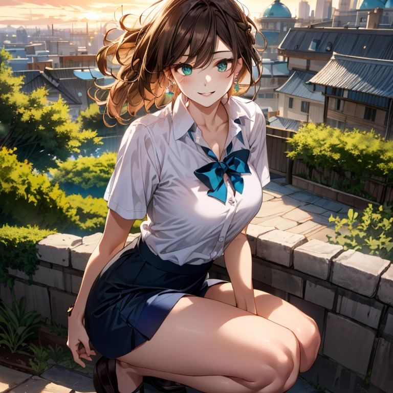 (masterpiece:1.3, Highest quality, Ultra-high resolution, Super detailed), (Realistic, photoRealistic:1.4), Beautiful illustrations, Perfect lighting, colorful, Depth of written boundary,
Beautiful detailed hair, Beautifully detailed face, Beautiful attention to detail, Beautiful clavicle, Beautiful body, Beautiful breasts, Beautiful thighs, Beautiful feet, Beautiful fingers,
View your viewers, Front view:0.6, 1 girl, Japanese, high school girl, Perfect Face, (Perfect Anatomy, Anatomically correct), Cute and symmetrical face, Baby Face, , Glowing Skin,
(Mid-length hair:1.7, Straight hair:1.6, Braided bangs, Rosy brown hair), Asymmetrical bangs, Hair between the eyes, Emerald green eyes, Long eyelashes, (Medium chest), thin,
((Collared short sleeve light pink shirt, Dark blue tight skirt)), Pink Watch, Earrings,
(Beautiful views), evening, (garden, distant cityscape), (squat),, (Smile, Lips parted),