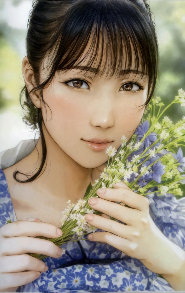 manga style, a close up of a woman holding a bunch of flowers, kimi takemura, Yoshitomo Nara, sakimichan, Chiho, close up iwakura lain, by Tadashi Nakayama, shiori teshirogi, Yasumoto Oka, Chiho ashima, deayami kojima, small face, kawaii, cute