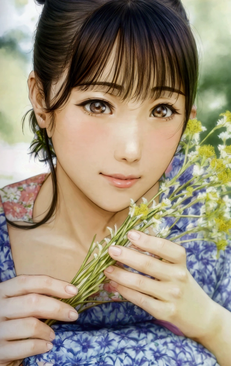manga style, a close up of a woman holding a bunch of flowers, kimi takemura, Yoshitomo Nara, sakimichan, Chiho, close up iwakura lain, by Tadashi Nakayama, shiori teshirogi, Yasumoto Oka, Chiho ashima, deayami kojima, small face, kawaii, cute