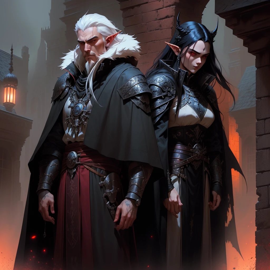 ( excellent quality ) 1boy, masculine, close up of a vampire in a dark courtyard, stern expression, crimson eyes, very long black hair (male), gray fur coat collar, black goatee, very pale skin, pointy ears, elf ears, ornate black plate armor, malignant aura, dominating stance, kingly aura, long coat under the plate armor, thin tabard over chest, blood red sky, makoto shinkai, artgerm and atey ghailan, demon slayer art, krenz cushart, makoto sinkai, casimir art, range murata