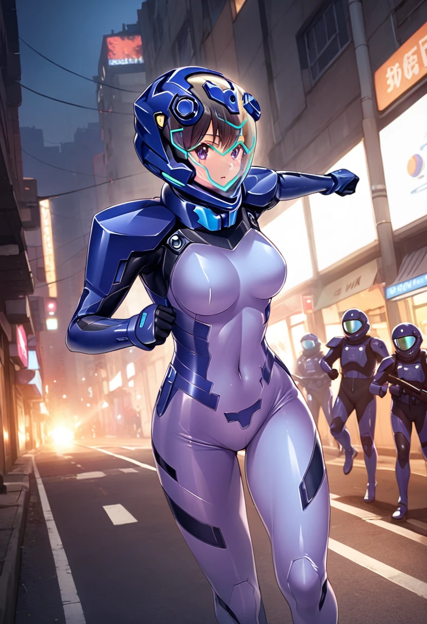 short hair, street, emo, BLACK hair, white eyes, eyeliner, apocalypse, (holding sword), astronaut, fighting stance, girl, running, road, city, fortified suit, ((blue:1.5) plugsuit), short hair, outdoors, cinematic light, medium breasts, covered navel, space helmet, muvluv, space helm, eva helmet,[[[[