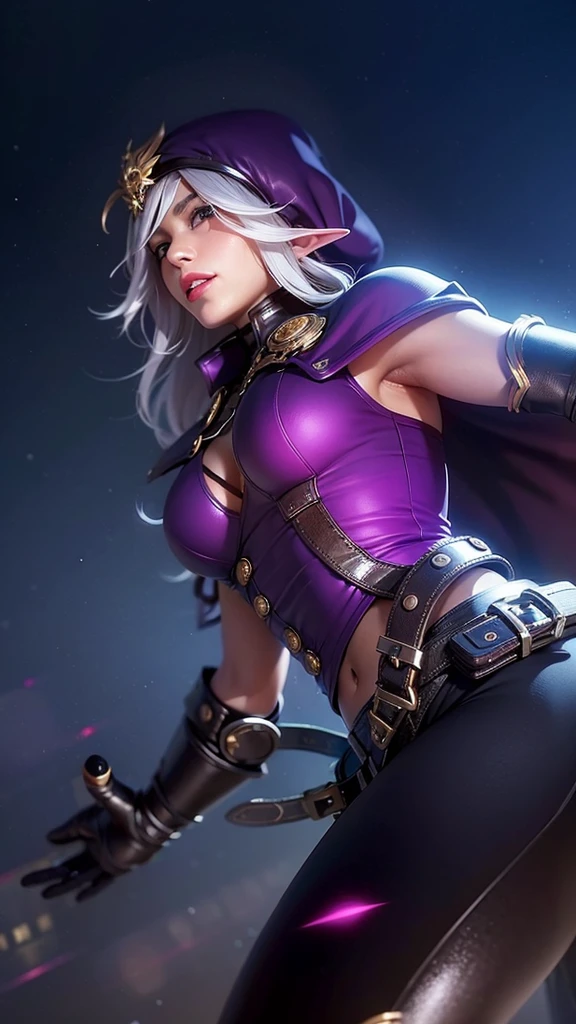 (female:1.2), 8k, ultra hd, ultra detailed texture, hyper realistic, masterpiece, detailed texture, detailed face, detailed skin, detailed lighting, (photorealistic:1.5), best quality, beautiful lighting, cinematic lighting, professional lighting, ultra highres, realistic, detailed hair, real hair, high quality, (realskin:1.5), extremely detailed, finely detail, ultra-detailed, 1girl, solo, floating, (yellow eyes), glowing eyes, red lips, v-shapped eyes, closed mouth, angry, colored skin, dark skin, purple skin, nose, pretty, beautiful, make up, evil smile, short hair, white hair bangs, large breasts, thigh, pauldrons, black pants, belt, purple coat, mechanical wings, armor shoulder, gloves, eudora \(mobile legends\), depth of field, looking aways, skin tight, amazing pose, glowing electric, lighting, cinematic background, elf ear