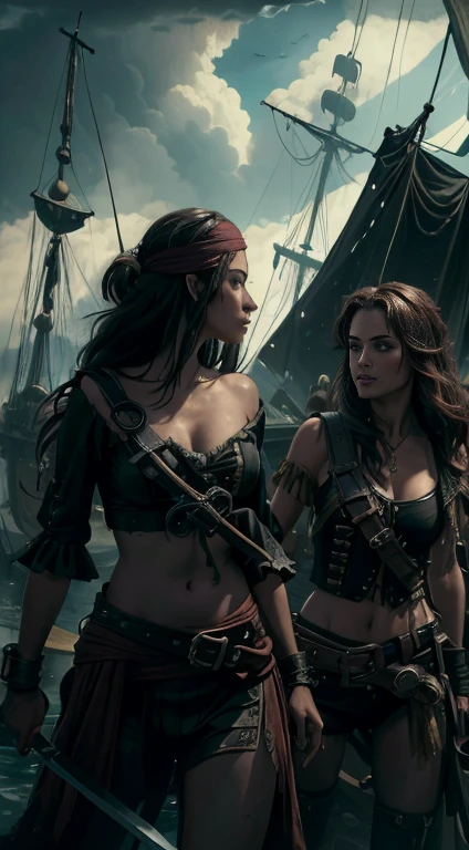 (8k, Highest quality, masterpiece)，Sexy female Pirate War, Sexy Pirate women fighting each other, epic pirate battle, pirates on deck, intense sword fight, detailed pirate ship, chaotic battle scene, stormy sea, dark clouds, fire and smoke,{Realistic, RAW Photos, Super Fine Clear, Impressionist painting, (Influenced by Impressionist painting:1.1)}, naval battle, Pirate Combat, br1tneysp-130              