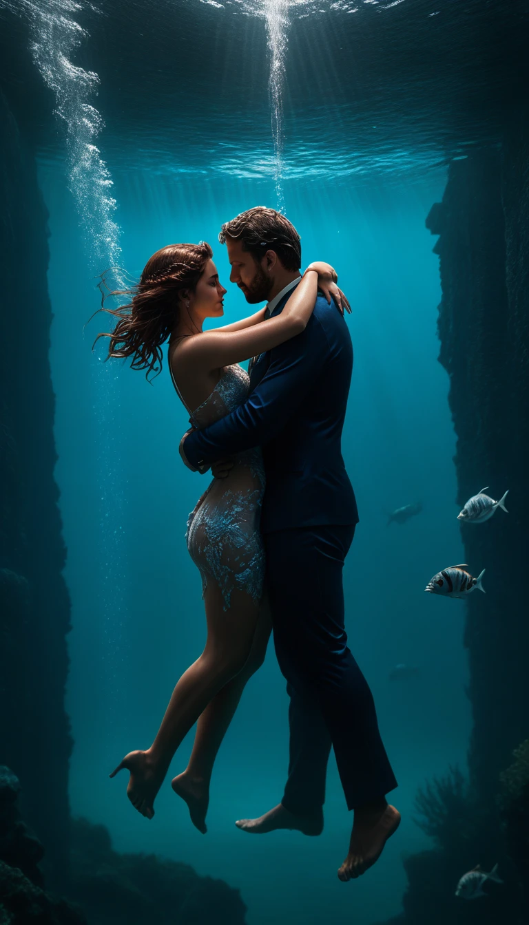 Photo sous-marine, hyperrealistic, Un couple qui s'embrassent sous l'eau, masterpiece, best quality, amazing quality, very aesthetic, sublime, depth of ﬁeld, Low angle, 8k, score_9, score_8, score_7, score_6,fille et homme sexy