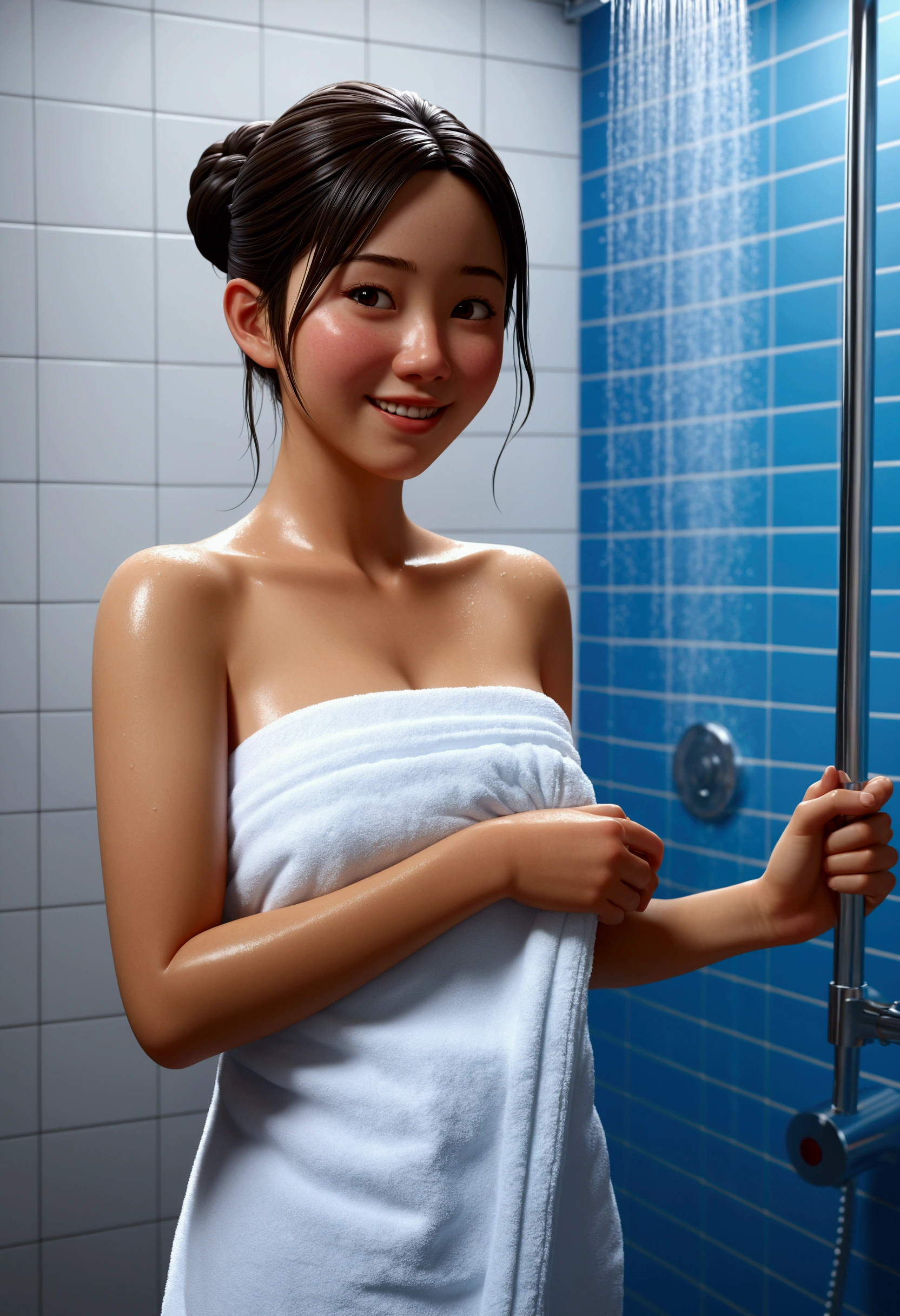 Une Japonaise de 25 ans, cheveux bleu en chignon, full body view, small perky breasts, wearing a white towel, standing in front of a shower, happy, Pixar, (best quality, 4k, 8k, High resolution, chef-d&#39;artwork:1.2), Ultra-detailed, (Realistic, photoRealistic, photo-Realistic:1.37), portraits, Des couleurs vives, studio lighting