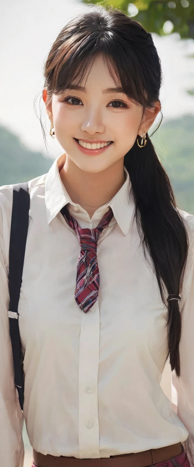 (Highest quality:1.2, Very detailed, Attention to detail, digital coloring, High Contrast, masterpiece:1.2, Highest quality, Best aesthetics), ((1 girl)), Black Hair, Straight Long Hair, Reddish brown eyes, Earrings, Collared shirt, Blue tie, smile, blush, JK, School uniforms, Friendly atmosphere, Beautiful illustrations, (((Low angle shot:1.6))), blue sky, Light, One Girl, Beautiful and well-defined legs and thighs, Highest quality, close, Super fine,
