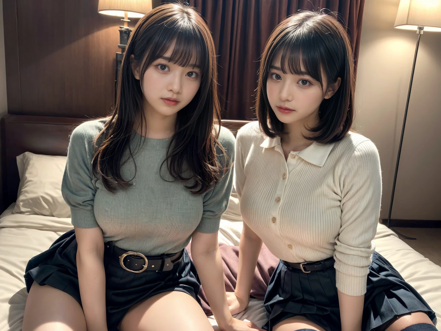 masterpiece, best quality, illustration, Super detailed, fine details, High resolution, 8K,wall paper, perfect dynamic composition,(Details High quality, realistic depiction of eyes:1.3), (2 girls), holster, bobby, Cutter shirt, a belt, suspenders, pleated skirt, garterbelts, knee high Stockings, sitting, open legs, short bob hair, in a hotel room in the background, deep on field, large breasts, black hair color, Big Natural Color Lip, (perfect body shape), crying a little、Harajuku style、20 year old girl、cute type、beautiful legs, Gravure Idol