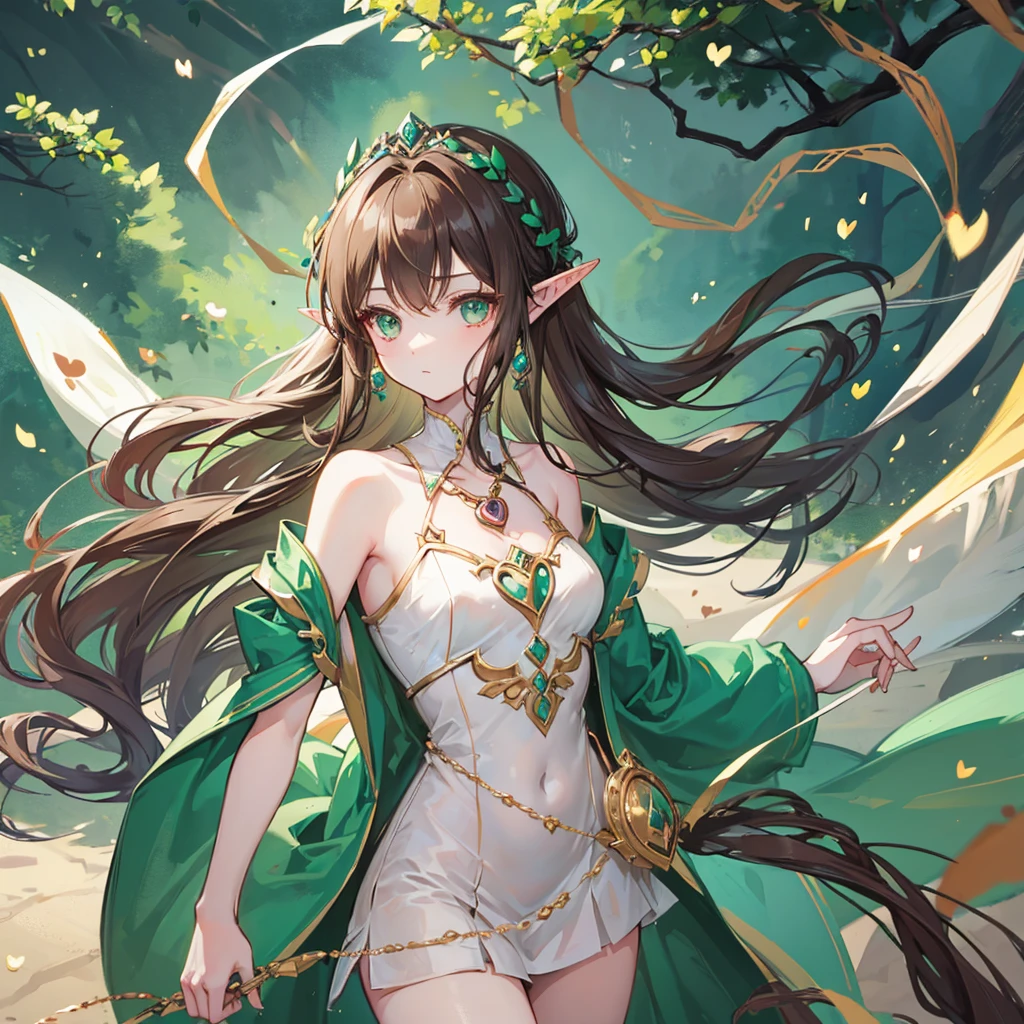 A very Very easy sketch of an elf princess from the mid evil age with very very very long BROWN hair and dark green eyes And a small heart locket and two swirds on her back 