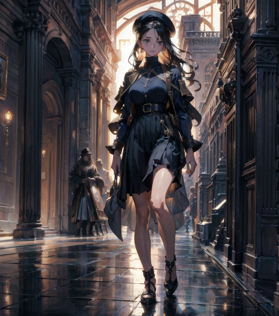 absurdres, RAW photo, extremely delicate and beautiful, masterpiece, Best Quality, ultra high resolution, 32k, hyperrealistic, ultra-detailed, Very detailed CG 8k wallpaper, detailed background, landscape, Beautiful Lighting, Perfect Lightning, Realistic Shadows, perfect anatomy, anatomically correct, ideal ratio body proportions, perfect figure, Perfect Style, Perfect balance, super Detailed skin, in her 30s, very Slim body, narrow waist, very small head, very small face, delicate facial features, handsome detailed woman, very detailed eyes and face, realistic face proportions, Realistic beautiful face, Realistic beautiful eyes, tearful mole, earring, full body shot, very huge round tits, medium hair, asymmetrical hair, wavy hair, outdoor, beret, skirt, military uniform,