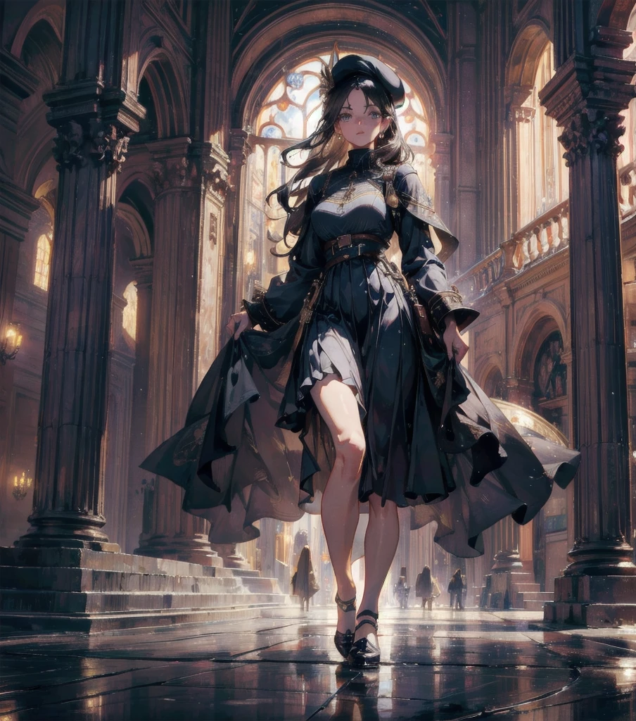 absurdres, RAW photo, extremely delicate and beautiful, masterpiece, Best Quality, ultra high resolution, 32k, hyperrealistic, ultra-detailed, Very detailed CG 8k wallpaper, detailed background, landscape, Beautiful Lighting, Perfect Lightning, Realistic Shadows, perfect anatomy, anatomically correct, ideal ratio body proportions, perfect figure, Perfect Style, Perfect balance, super Detailed skin, in her 30s, very Slim body, narrow waist, very small head, very small face, delicate facial features, handsome detailed woman, very detailed eyes and face, realistic face proportions, Realistic beautiful face, Realistic beautiful eyes, tearful mole, earring, full body shot, very huge round tits, medium hair, asymmetrical hair, wavy hair, outdoor, beret, skirt, military uniform,