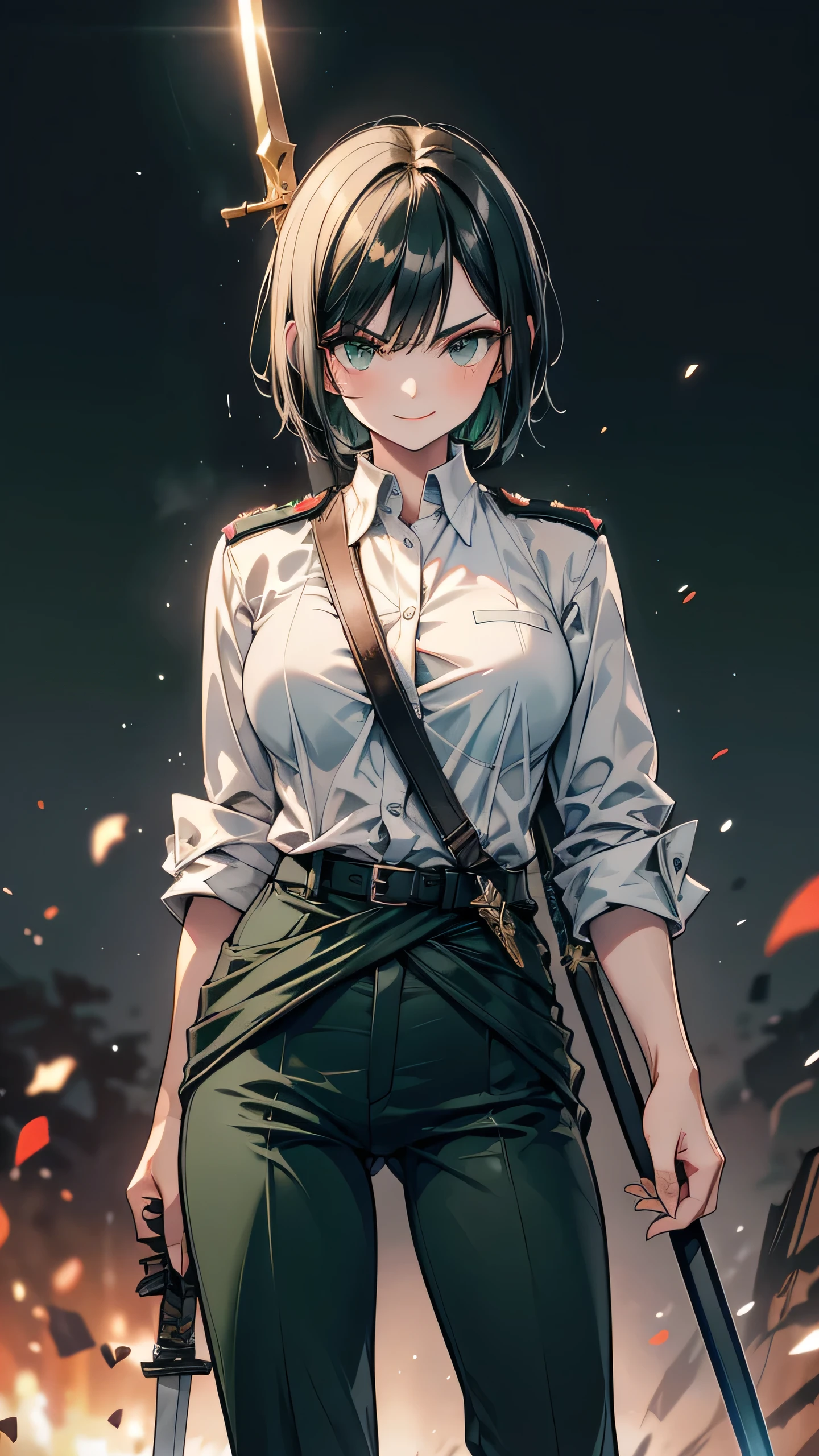 Adult female short hair Black Hair expensive Narrow eyes smile Glare frivolous attitude Dark green German military uniform Wear a white shirt underneath pants Have a long spear Hold the sword at your waist a Shiba Inu battlefield