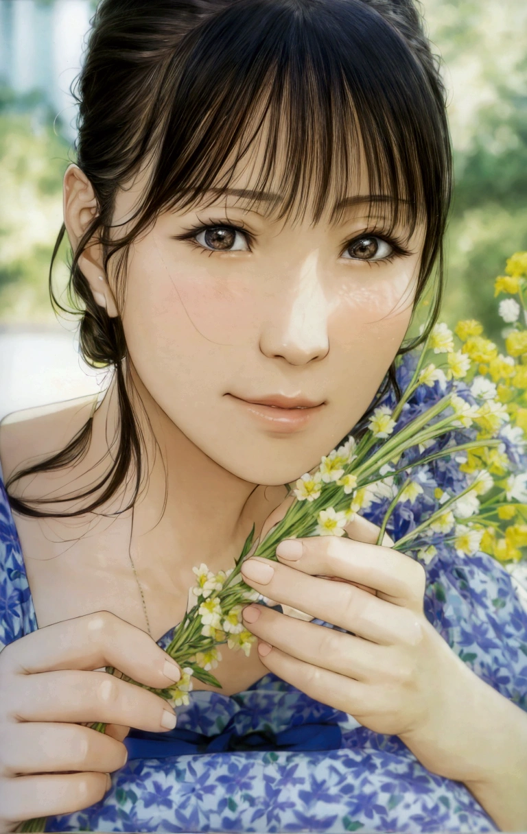 manga style, a close up of a woman holding a bunch of flowers, kimi takemura, sakimichan, Chiho, close up iwakura lain, by Tadashi Nakayama, shiori teshirogi, Yasumoto Oka, Chiho ashima, deayami kojima, small face, kawaii, cute