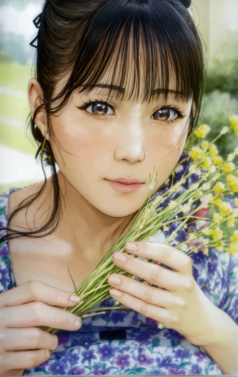 manga style, a close up of a woman holding a bunch of flowers, kimi takemura, sakimichan, Chiho, close up iwakura lain, by Tadashi Nakayama, shiori teshirogi, Yasumoto Oka, Chiho ashima, deayami kojima, small face, kawaii, cute