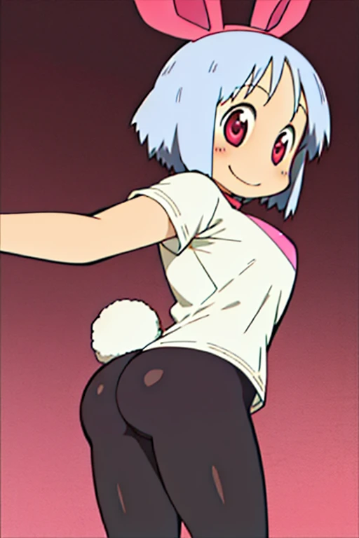 Haruna Annaka, white hair, short hair, big pink headband, pink headband, pink eyes, beautiful drawing, detailed background, Whole body, smile, medium size boobs, big butt, black legs lycra, long white shirt, bunny tail