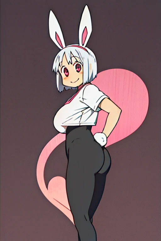 Haruna Annaka, white hair, short hair, big pink headband, pink headband, pink eyes, beautiful drawing, detailed background, Whole body, smile, medium size boobs, big butt, black legs lycra, long white shirt, bunny tail