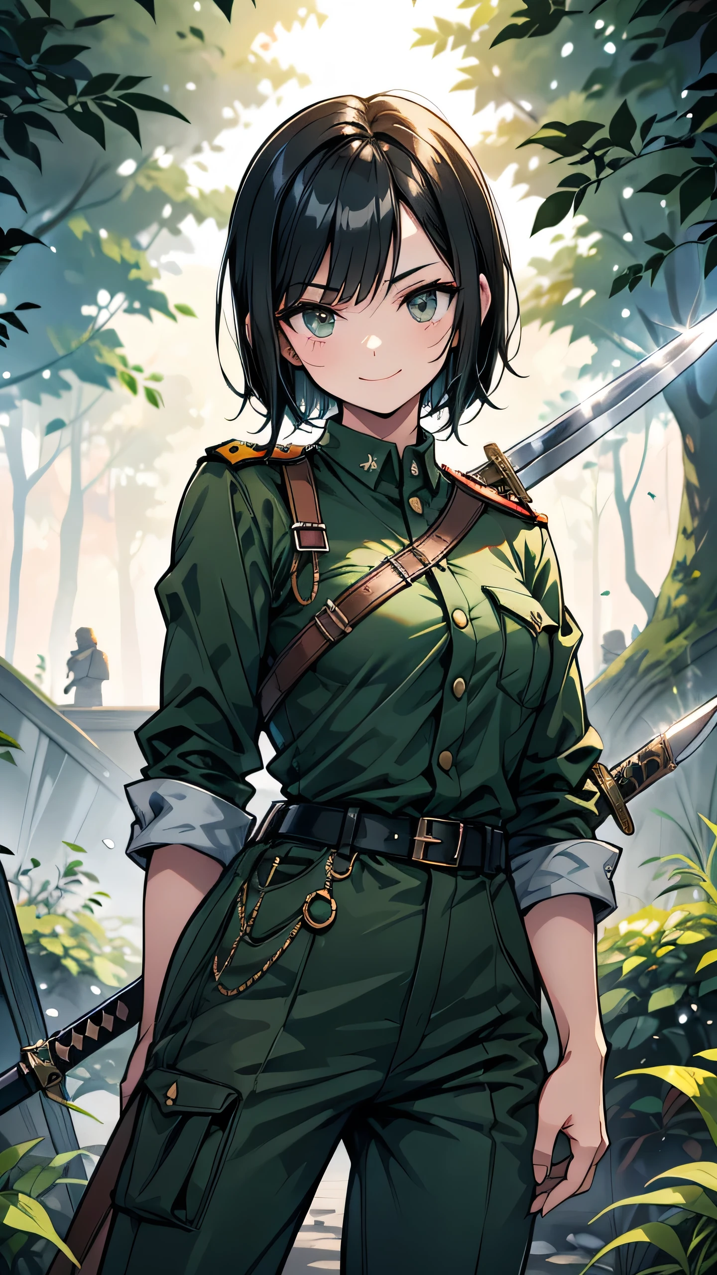 short hair　Black Hair　expensive　Narrow eyes　smile　Glare　frivolous attitude　Dark green German military uniform　pants　Roll up your sleeves　Have a long spear　Hold the sword at your waist　a Shiba Inu　battlefield