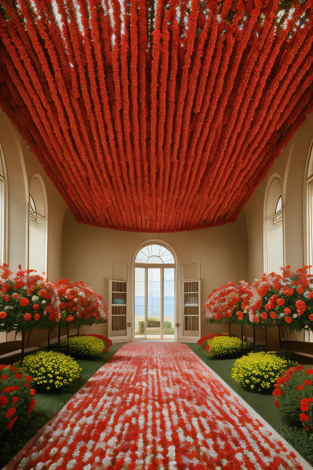 Create a surreal indoor garden scene. The setting is an expansive, enclosed space that resembles an office or warehouse, with a ceiling featuring built-in light fixtures. The space is filled with vibrant red flowers that cover the floor, creating a stark contrast against the man-made structure. A winding, paved pathway meanders through the sea of red flowers, leading into the distance. Tall columns support the ceiling, contributing to the feeling of being in an unexpectedly lush, indoor environment. The overall mood should be tranquil and otherworldly, highlighting the juxtaposition between the natural beauty of the flowers and the artificial surroundings