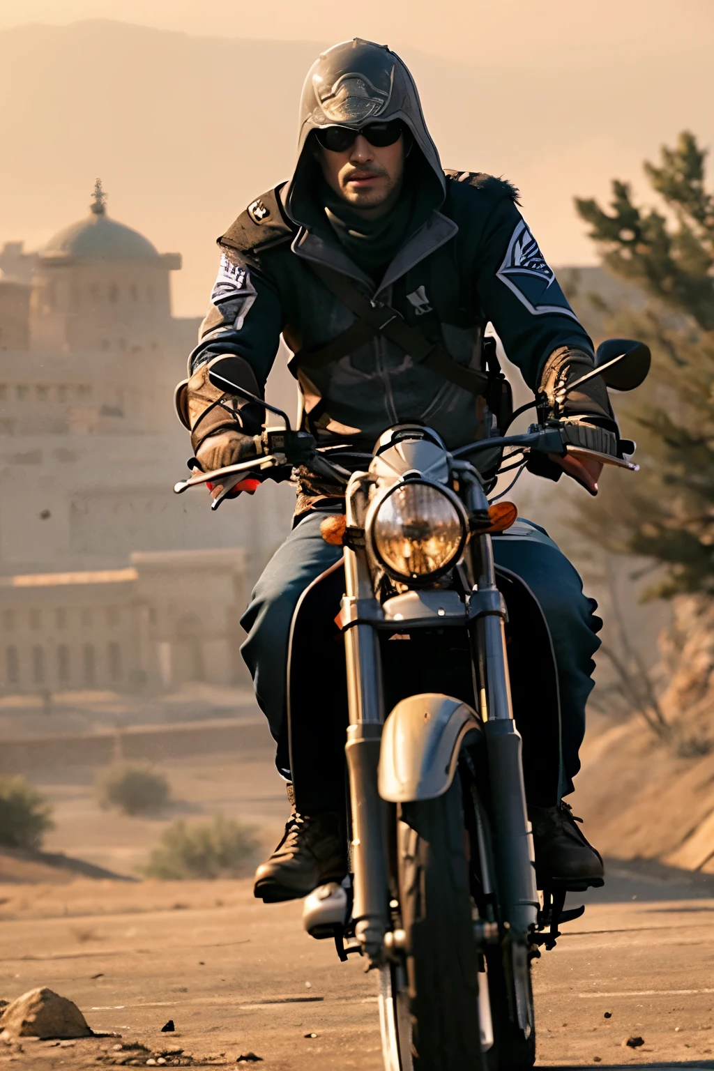 Create an image of a soldier from the game Tom Clancy’s Ghost Recon dressed in a hybrid style combining ancient Assassin's Creed attire with modern Tom Clancy’s Ghost Recon gear. The soldier should be riding a dirt bike amidst a modern-day Middle Eastern civil war, with a realistic and immersive atmosphere