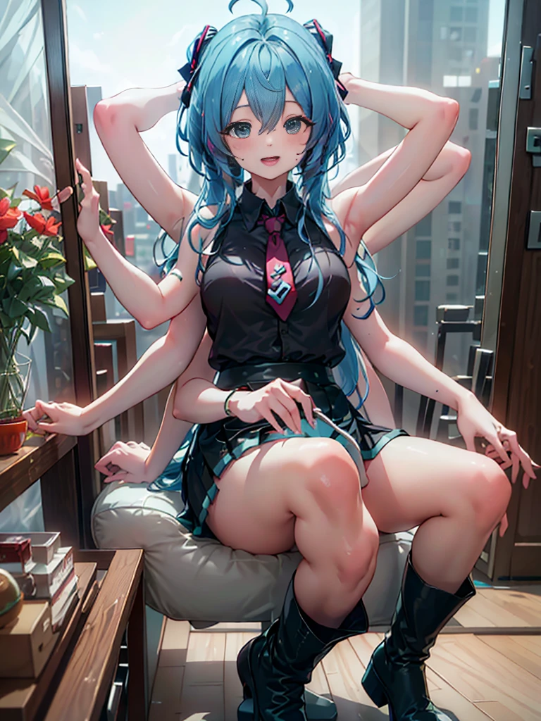 DSLR Photos, (8ก, 4K, Masterpiece),(Masterpiece, best quality), best resolution, (3 heads:1.5), Hatsune Miku, aqua hair, twin tail, long hair, tear, open mouth, smile, be happy, sing, Dancing, White sleeveless shirt, Aqua necktie, black skirt, arms separated,hotel room, arm circle, (hands on head), (lower hand on ankle), (lower hand on leg), Full content in the frame, full body view, (four arms),(Multi-arm),(many hands), Slim shape