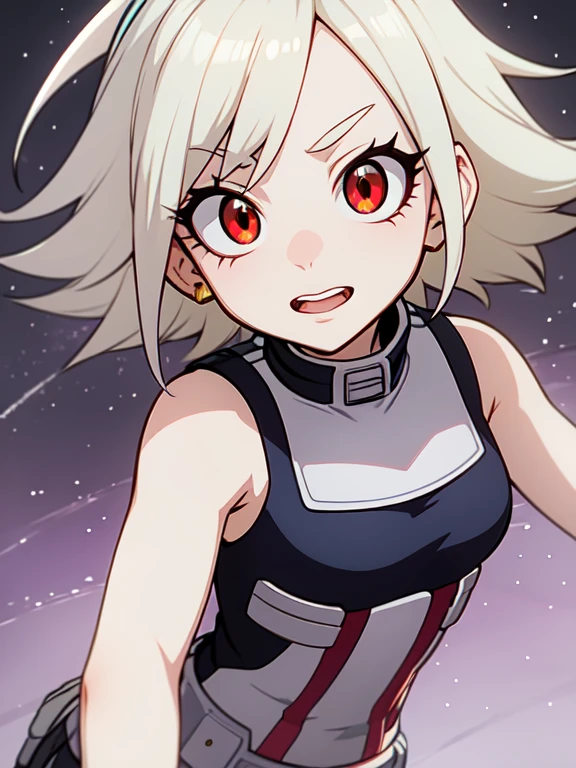 Create an anime avatar for a female character, short yellow-white hair with a red stripe, Red eyes, Baby. uses the anime style of Boku No Hero Academia