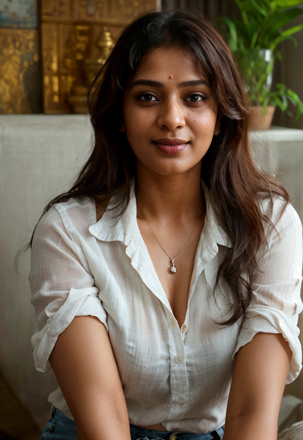 portrait of sexy SOUTH INDIAN HOUSE WIFE , , look at viewer and subtle smile, seductive eyes, sultry smile,white linen shirt with straight color and jeans shorts, bit curly hair, 38 yo, HD, 4k, ultra high quality, (cinematic:1.3), intricate details, (ArtStation:1.2)((bit acnes on face),,Ultra realistic detailed photography,hasselblad photography ,in living room,((naturel lighting))(bubbly girl)