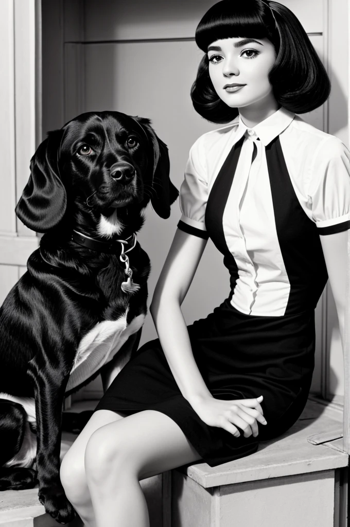 stile old cartoon in black and white, retro cartoon anthropomorphic dog girl, with short black dress,white shirt with black straps, black and almost black hair