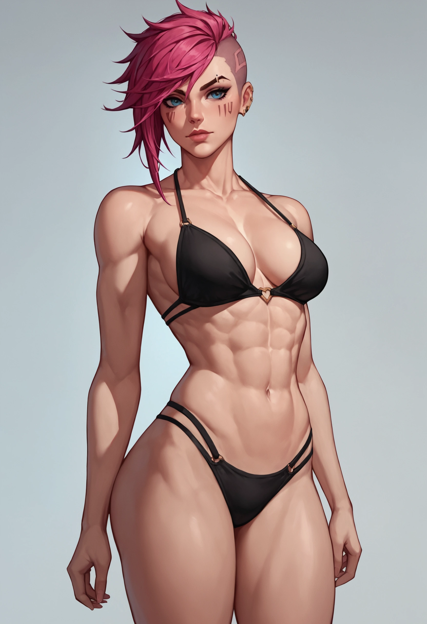 Comics style , sketch , comics,young woman, 1, short red hair, blue gray eyes, athletic muscular, abs,floral tattoos, piercings,she wears an shirt, she plays poker