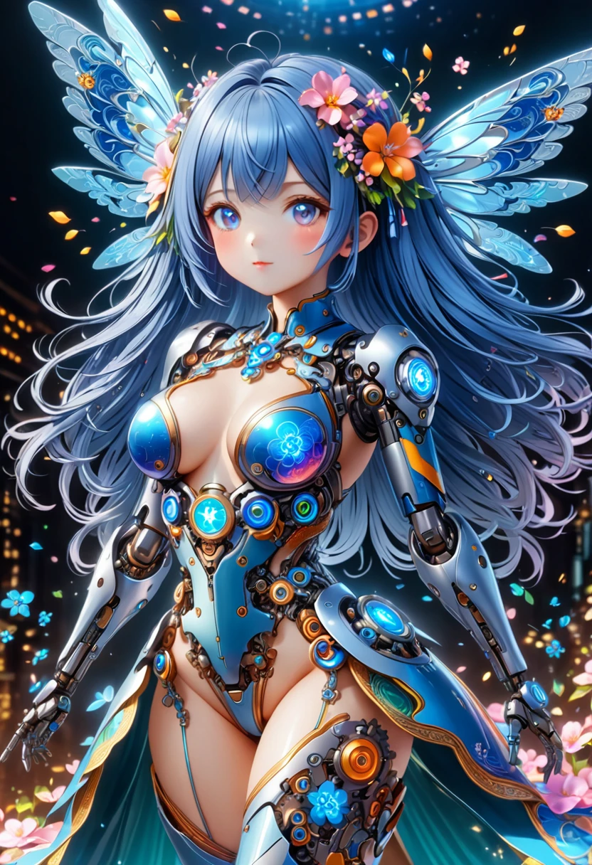 (3D,mechanical感,cute,ais-scrapyrd 1girl,mechanical),(使用广角镜头拍摄whole body图像:1.9),(masterpiece:1.1),(Highest quality:1.1),(HDR:1.0),Ambient Light,Ultra high quality,(Ultra-detailed original illustrations),(1 Girl,whole body),(Rainbow Skirt),(Slender thighs),(Shoes made of flowers: 1.5),((Harajuku Fashion)),((Flowers with human eyes,Eye disease)),Double Exposure,Fusion of Fluid Abstract Art,Fault,(Original illustration composition),(Limited color blending,Extreme art style,Geometric artstyle), , Colorful neon lights,高科技mechanical部件,Metal body,Detailed Vibranium Flower Design,Vibrant colors,Dynamic glowing flowers,Reflective metal surface,Bright environment,Dynamic poses,Exquisite existence,Skills Improvement,互锁mechanical齿轮,Stylish design,motion blur effect,Detailed metal treatment,Sci-fi atmosphere,Streamlined aerodynamic shape,Laser scanning pattern,Holographic projection,LED light track,Beautiful and unforgettable,Advanced sensors,Complex algorithms,Ominous and mysterious atmosphere,Electric Spark,Shiny chrome,Propulsion systems of the future,(Best quality,8k,high resolution,masterpiece:1.2),Super detailed,(whole body:1.8), magazine photography,一个cute的女孩形象,Popular on social platforms,((Dopamineism)),(((Dopamine color matching))),Dopamine,(in the style of Y2K),Luo Erchun,3D古风,Oriental poetry and painting