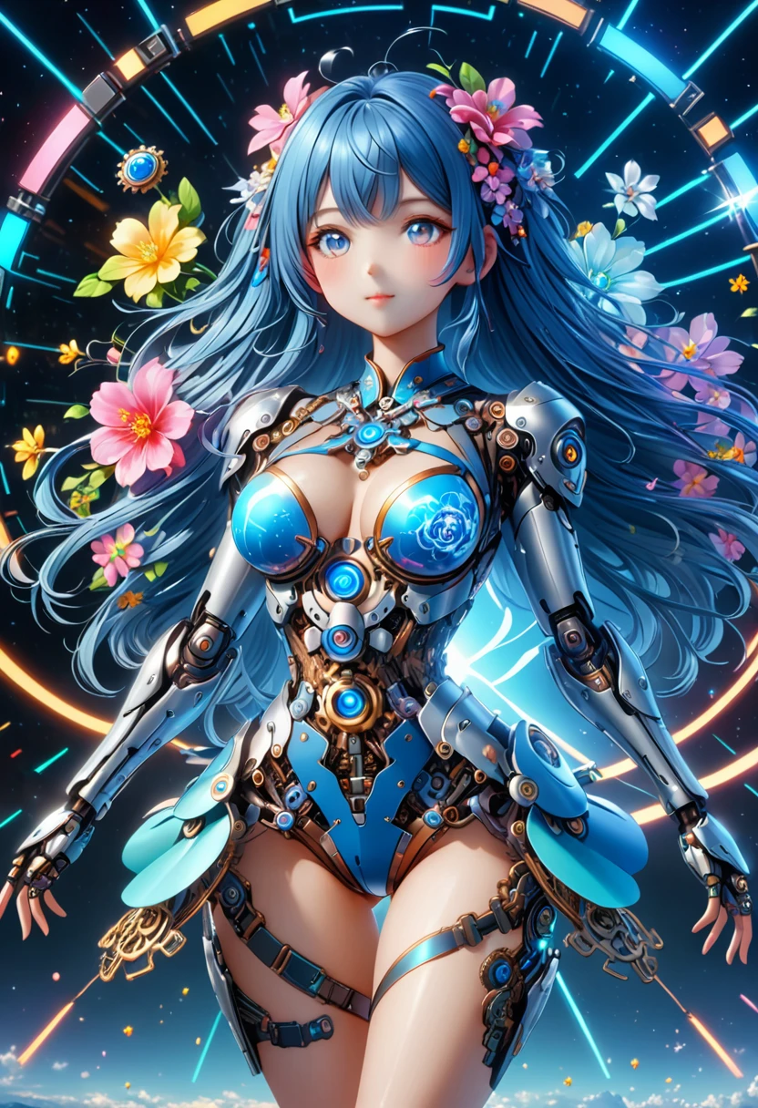 (3D,mechanical感,cute,ais-scrapyrd 1girl,mechanical),(使用广角镜头拍摄whole body图像:1.9),(masterpiece:1.1),(Highest quality:1.1),(HDR:1.0),Ambient Light,Ultra high quality,(Ultra-detailed original illustrations),(1 Girl,whole body),(Rainbow Skirt),(Slender thighs),(Shoes made of flowers: 1.5),((Harajuku Fashion)),((Flowers with human eyes,Eye disease)),Double Exposure,Fusion of Fluid Abstract Art,Fault,(Original illustration composition),(Limited color blending,Extreme art style,Geometric artstyle), , Colorful neon lights,高科技mechanical部件,Metal body,Detailed Vibranium Flower Design,Vibrant colors,Dynamic glowing flowers,Reflective metal surface,Bright environment,Dynamic poses,Exquisite existence,Skills Improvement,互锁mechanical齿轮,Stylish design,motion blur effect,Detailed metal treatment,Sci-fi atmosphere,Streamlined aerodynamic shape,Laser scanning pattern,Holographic projection,LED light track,Beautiful and unforgettable,Advanced sensors,Complex algorithms,Ominous and mysterious atmosphere,Electric Spark,Shiny chrome,Propulsion systems of the future,(Best quality,8k,high resolution,masterpiece:1.2),Super detailed,(whole body:1.8), magazine photography,一个cute的女孩形象,Popular on social platforms,((Dopamineism)),(((Dopamine color matching))),Dopamine,(in the style of Y2K),Luo Erchun,3D古风,Oriental poetry and painting