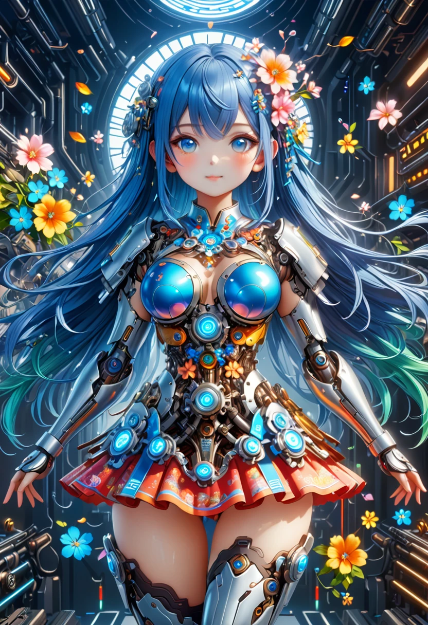 (3D，mechanical感，cute，ais-scrapyrd 1girl，mechanical)，(使用广角镜头拍摄whole body图像:1.9)，(masterpiece:1.1)，(Highest quality:1.1)，(HDR:1.0)，Ambient Light，Ultra high quality，(Ultra-detailed original illustrations)，(1 Girl，whole body)，(Rainbow Skirt)，(Slender thighs)，(Shoes made of flowers: 1.5)，((Harajuku Fashion))，((Flowers with human eyes，Eye disease))，Double Exposure，Fusion of Fluid Abstract Art，Fault，(Original illustration composition)，(Limited color blending，Extreme art style，Geometric artstyle), , Colorful neon lights，高科技mechanical部件，Metal body，Detailed Vibranium Flower Design，Vibrant colors，Dynamic glowing flowers，Reflective metal surface，Bright environment，Dynamic poses，Exquisite existence，Skills Improvement，互锁mechanical齿轮，Stylish design，motion blur effect，Detailed metal treatment，Sci-fi atmosphere，Streamlined aerodynamic shape，Laser scanning pattern，Holographic projection，LED light track，Beautiful and unforgettable，Advanced sensors，Complex algorithms，Ominous and mysterious atmosphere，Electric Spark，Shiny chrome，Propulsion systems of the future，(Best quality，8k，high resolution，masterpiece:1.2)，Super detailed，(whole body:1.8), magazine photography，一个cute的女孩形象，Popular on social platforms，((Dopamineism))，(((Dopamine color matching)))，Dopamine，(in the style of Y2K)，Luo Erchun，3D古风，Oriental poetry and painting