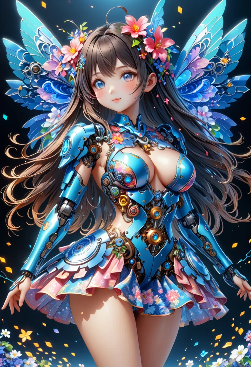 (3D，mechanical感，cute，ais-scrapyrd 1girl，mechanical)，(使用广角镜头拍摄whole body图像:1.9)，(masterpiece:1.1)，(Highest quality:1.1)，(HDR:1.0)，Ambient Light，Ultra high quality，(Ultra-detailed original illustrations)，(1 Girl，whole body)，(Rainbow Skirt)，(Slender thighs)，(Shoes made of flowers: 1.5)，((Harajuku Fashion))，((Flowers with human eyes，Eye disease))，Double Exposure，Fusion of Fluid Abstract Art，Fault，(Original illustration composition)，(Limited color blending，Extreme art style，Geometric artstyle), , Colorful neon lights，高科技mechanical部件，Metal body，Detailed Vibranium Flower Design，Vibrant colors，Dynamic glowing flowers，Reflective metal surface，Bright environment，Dynamic poses，Exquisite existence，Skills Improvement，互锁mechanical齿轮，Stylish design，motion blur effect，Detailed metal treatment，Sci-fi atmosphere，Streamlined aerodynamic shape，Laser scanning pattern，Holographic projection，LED light track，Beautiful and unforgettable，Advanced sensors，Complex algorithms，Ominous and mysterious atmosphere，Electric Spark，Shiny chrome，Propulsion systems of the future，(Best quality，8k，high resolution，masterpiece:1.2)，Super detailed，(whole body:1.8), magazine photography，一个cute的女孩形象，Popular on social platforms，((Dopamineism))，(((Dopamine color matching)))，Dopamine，(in the style of Y2K)，Luo Erchun，3D古风，Oriental poetry and painting