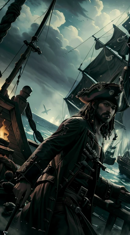 (8k, Highest quality, masterpiece)，Pirate War, Pirates at war fighting each other, epic pirate battle, pirates on deck, intense sword fight, detailed pirate ship, chaotic battle scene, stormy sea, dark clouds, fire and smoke,{Realistic, RAW Photos, Super Fine Clear, Impressionist painting, (Influenced by Impressionist painting:1.1)}, naval battle, Pirate Combat, 