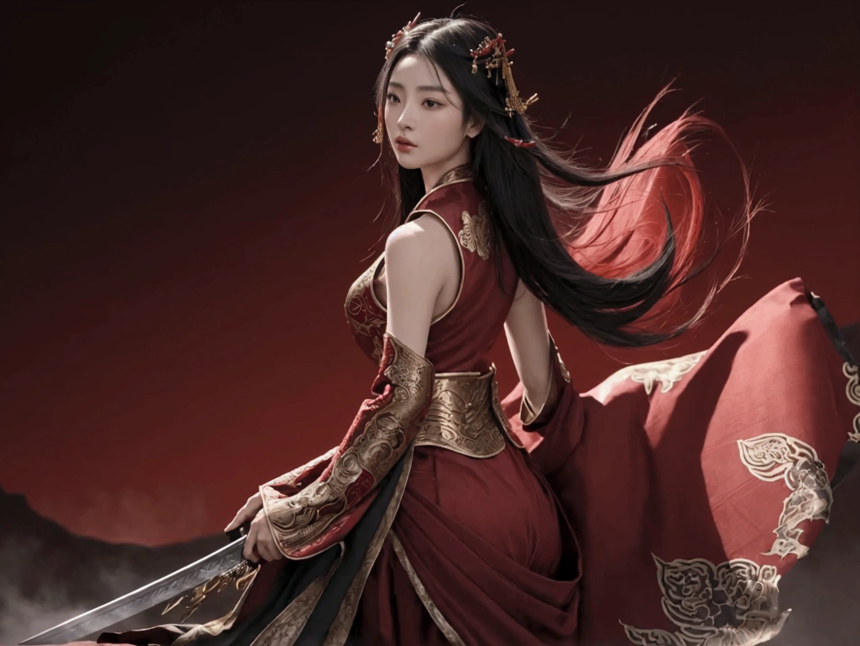 {A beautiful and fierce semi-realistic Chinese ink depiction of a Chinese female swordswoman with the face of Fan Bingbing, with very long hair that extends gracefully. She is dressed in an elaborate, flowing long red warrior outfit that reaches the ends of the earth. She is holding a beautifully detailed sword, with a backdrop of a dramatic and mystical landscape in tones of red and gold, rendered in traditional ink wash style. Her expression is determined and intense, representing the spirit of a powerful warrior. The wide-angle view captures the extensive and graceful flow of her dress and hair, combining elegance and strength in the character. --ar 16:9 --stylize 750 --v 6}
