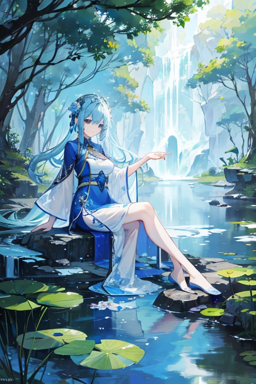 There is a blue dress, 16 long legs, Woman sitting on a rock in the water, Standing gracefully on a lotus flower, Heavenly Beauty, Wearing a blue Chinese dress, court, Girl in Han Dress, Wearing a blue Chinese dress, Summer is full of fairies, In the pond, White Hanfu, A surprisingly young and mysterious person, loose fitting dress, Light blue, Hair behind the ear
