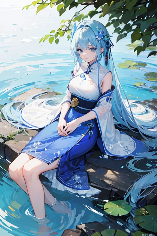 There is a blue dress, 16 long legs, Woman sitting on a rock in the water, Standing gracefully on a lotus flower, Heavenly Beauty, Wearing a blue Chinese dress, court, Girl in Han Dress, Wearing a blue Chinese dress, Summer is full of fairies, In the pond, White Hanfu, A surprisingly young and mysterious person, loose fitting dress, Light blue, Hair behind the ear  