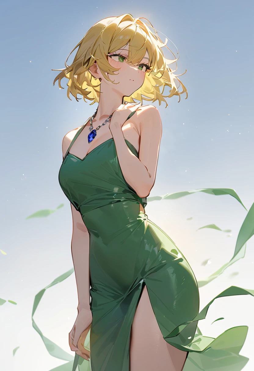 masterpiece, best quality, very beautiful, 1個girl, alone, Yellow hair，short hair, Sirmon 16A, Pure green dress，Look at the sky, White background, Simple background,full-body shot，sapphire necklace，girl，Girl