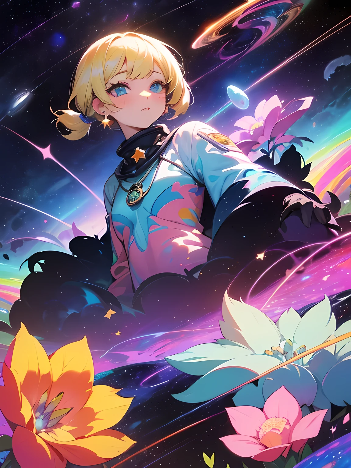 Melody Mark,Tabletop、1 Female、solo、(Abstract art:1.4),(Psychedelic Theme:1.6),(Gunjo World:1.5),(Lots of creatures:1.5),(Space World:1.5),(At the center of the world is the most beautiful woman in the world),(Many stars are falling:1.5),A ray of light spreads,Crystals spreading from the center,Prisma(Nostalgic scenery:1.5),(Colorful flowers:1.5),Garden Girl,Absurd, Ultra-detailed,Bright colors, Very beautiful and detailed anime faces and eyes,short hair,Asymmetrical bangs, Blonde hair in short pigtails, Shiny Hair, Delicate and beautiful face, blush、blue eyes, White skin, Barrette, Earrings, necklace,