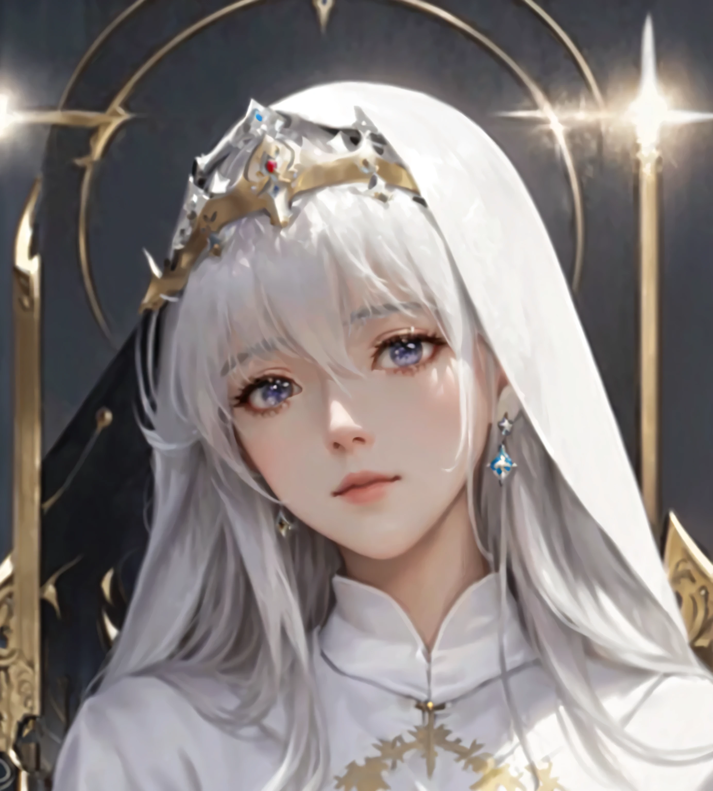 Close-up of woman wearing crown, White hair deity, Portrait of the Knights of the Zodiac, Gu Weiss, From Ark of Tomorrow, From Girl Front, Anime Goddess, White hair, npc with a saint's halo, White hair, Sakimi Chen, The Goddess of Sorrow, ((Beautiful fantasy queen)), Portrait of the Queen of Light