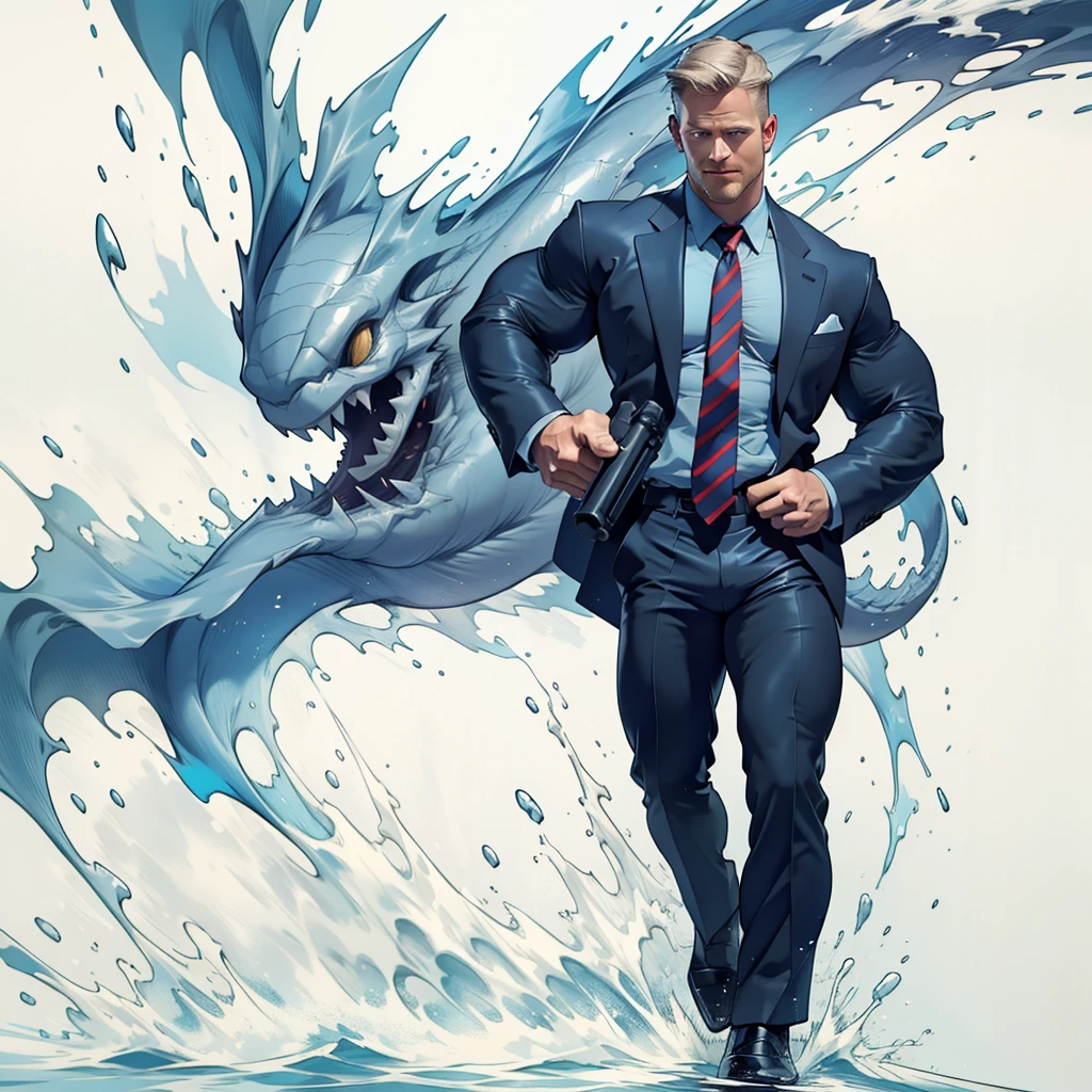 1 man, male focus solo, middle aged man,Stephen AMELL as private investigator, lean muscle,very light blue shirt, marine blue businessman suit ,( red tie) ,( big bulge), full body shot, dark blond short hair, well groomed facial hair, holding a gun with one hand, , ultra high quality, masterpiece, (clear intense splashed blue and white paint in the blackground)