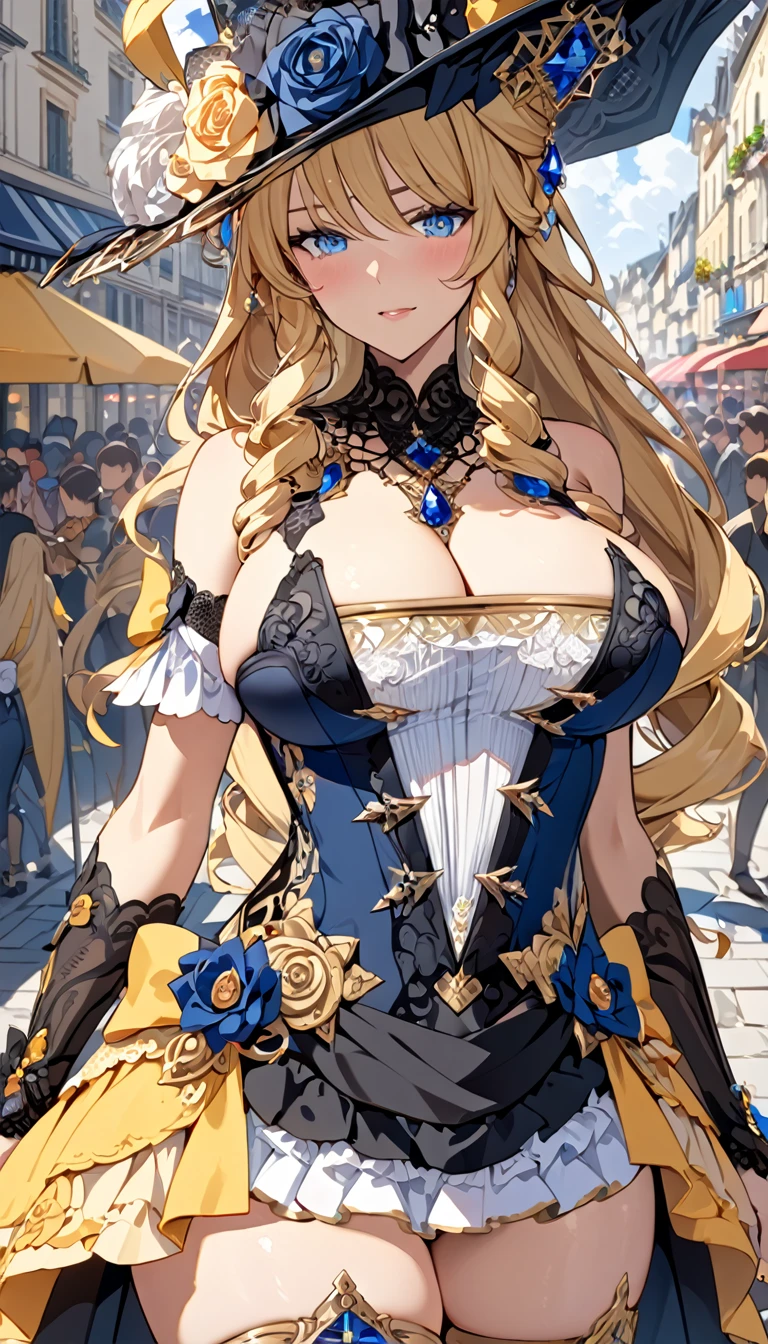 A beautiful 28-year-old woman, Navia, wearing sexy lingerie, stands in a crowded French city, hyper detailed huge breasts and ultra detailed features rendered in the best quality, 4K masterpiece.