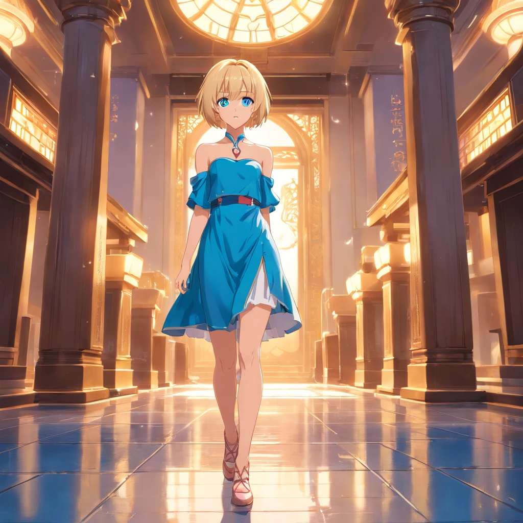 17 years old Women, ((Blonde)), ((Blue eyes)), ((Short hair)), ((Full shot)), very detailed makeup, pale pink lipstick, wearing a ((sexy)) short strapless dress short tight to the body and stiletto boots. standing on a hall of a temple. The shot is from a low angle. ((wet floor))