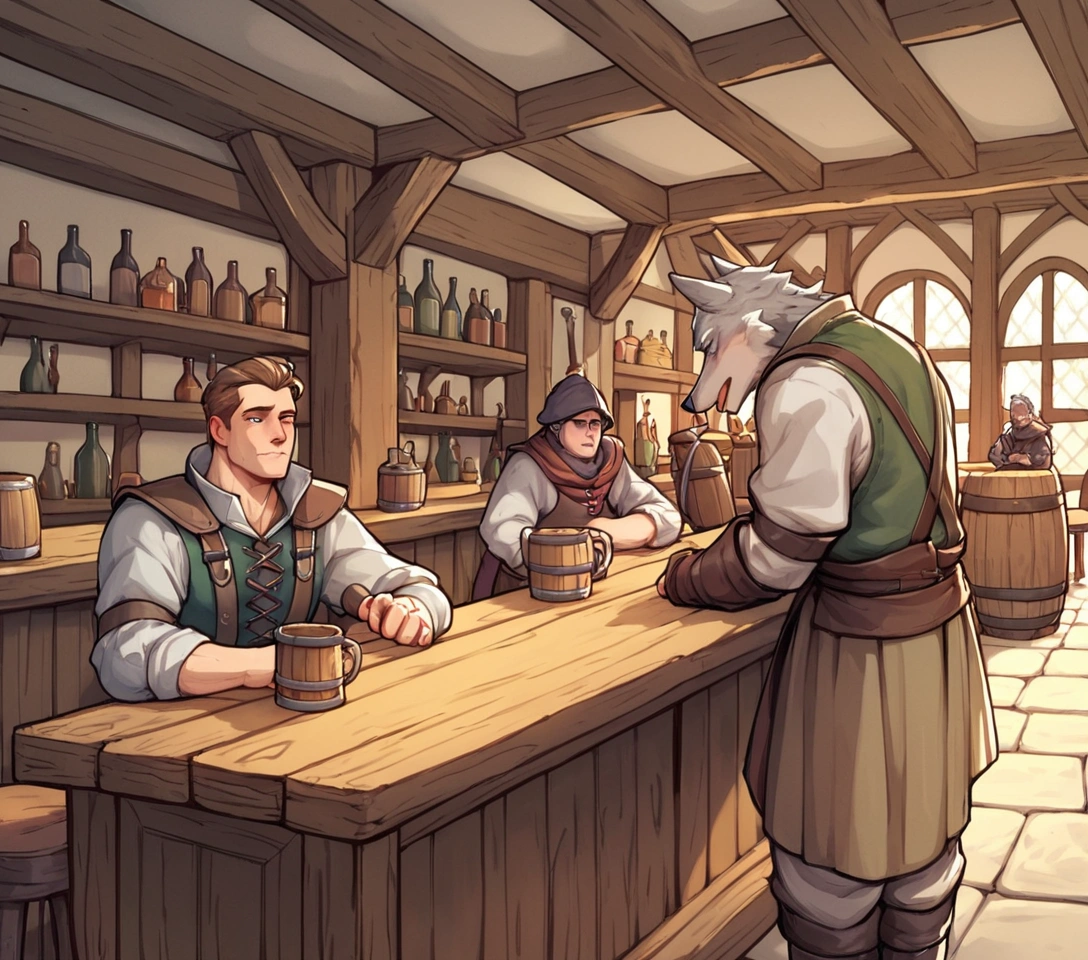 score_9,score_8_up,score_7_up, score_6_up, score_5_up,source_anime, scenery, a bar, medieval tavern, it’s busy, full of people, in a medieval tavern bar, sketchy weird bar, soldiers and criminals at the bar, indoors, dark and creepy tavern, wolf men soldiers at the bar, 