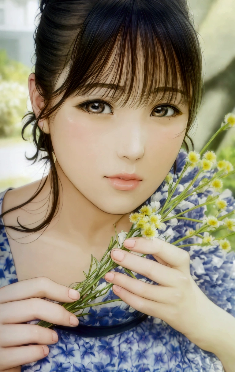 manga style, a close up of a woman holding a bunch of flowers, sakimichan, Chiho, close up iwakura lain, Yasumoto Oka, Chiho ashima, deayami kojima, small face, kawaii, cute