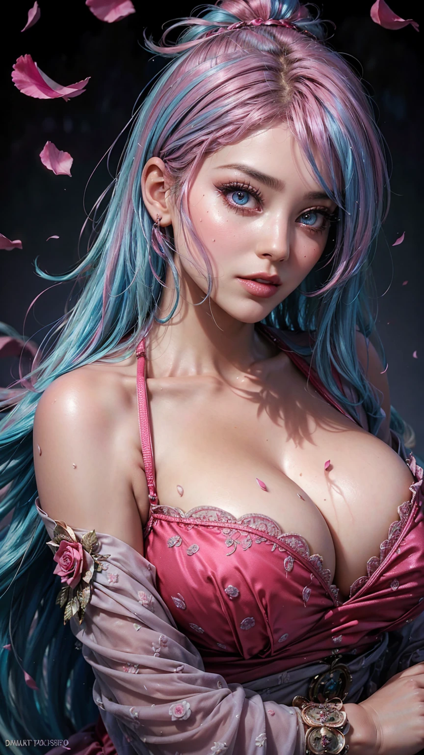 highly detailed, seductive erotic female is sweating,  covered in rose pedals, (busty, pink/blue hair), centered on the face, face focused, intricate eyes, blue hair, green eyes 