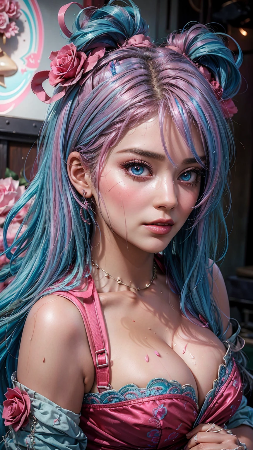 highly detailed, seductive erotic female is sweating,  covered in rose pedals, (busty, pink/blue hair), centered on the face, face focused, intricate eyes, blue hair, green eyes 