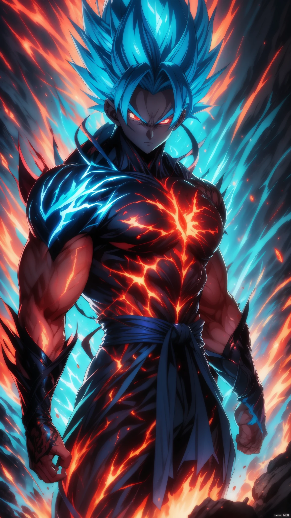 &quot;Get ready for a visual feast，Goten has a handsome face and sharp red eyes, Glowing blue hair and tattoos, Well-proportioned portraits and landscapes, And perfect figure. In his transformed state, He exudes extreme instinct and strength, Create an epic animation about this energetic man. The flames and lava in this stunning anime artwork will amaze you. This concept art comes straight from the universe, Comic-style 8k wallpapers will take you into another dimension. Get ready to be wowed by this beautiful piece of digital anime art, Showcasing the ultimate combination of style and power.''