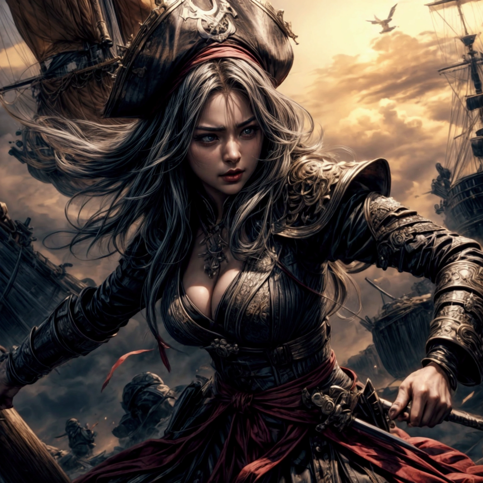 The ships are alongside each other、Sailors preparing for battle rush into enemy ships,
Extremely intense hand-to-hand combat,The fight between pirates,Dynamic composition,
Dramatic Scene,Dynamic Action,
Brandishing a sword、Dominate your opponent,
Super detailed,Detailed face,Detailed Hair,Detailed eyes,Detailed mouth,
reality,Actual photo,Photorealistic,
masterpiece,Highest quality,High resolution,Ray Tracing,8k,Raw photo,Award-winning,
beautiful,Browsing Caution,Perfect human body,Perfect Anatomy,
Perfect Fingers,